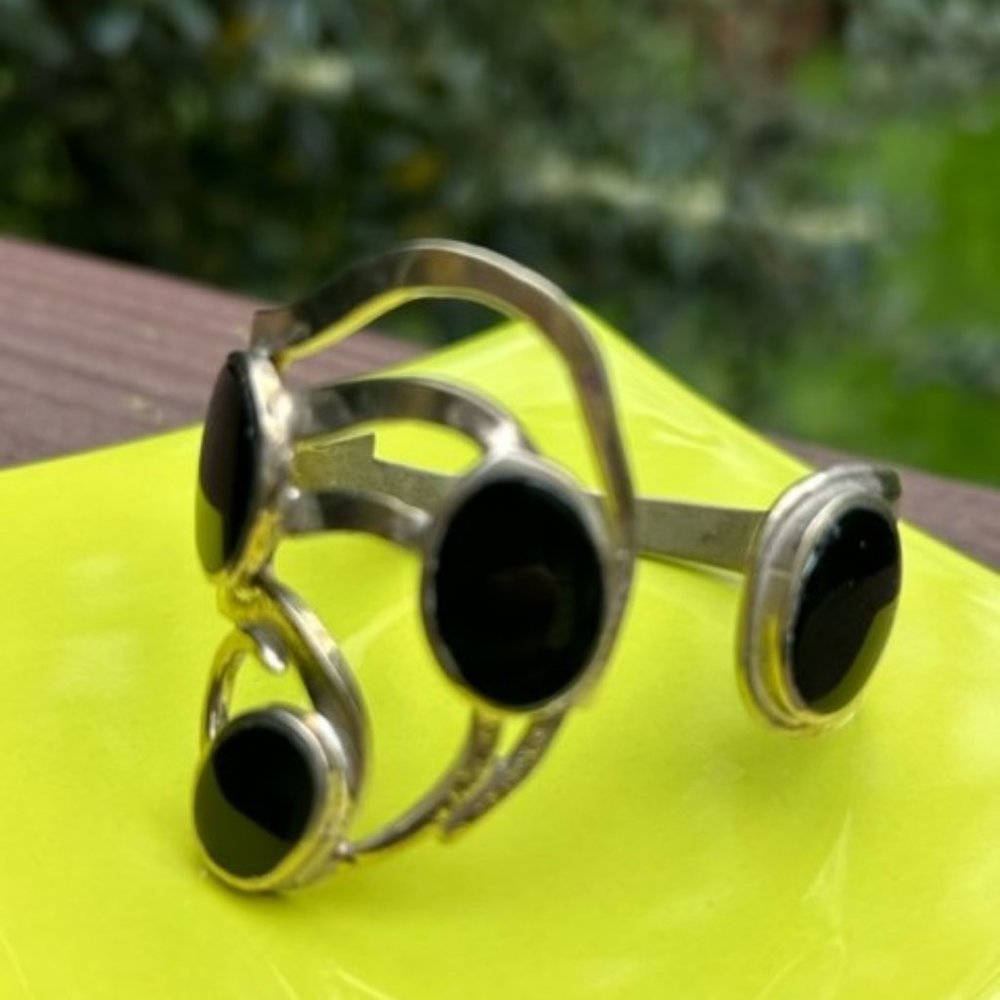 VTG ALPACA Silver Bent Fork Black Stones CUFF BRACELET - Picture 2 of 8